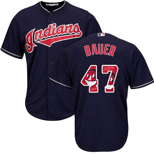 Indians #47 Trevor Bauer Navy Blue Team Logo Fashion Stitched MLB Jersey - Click Image to Close